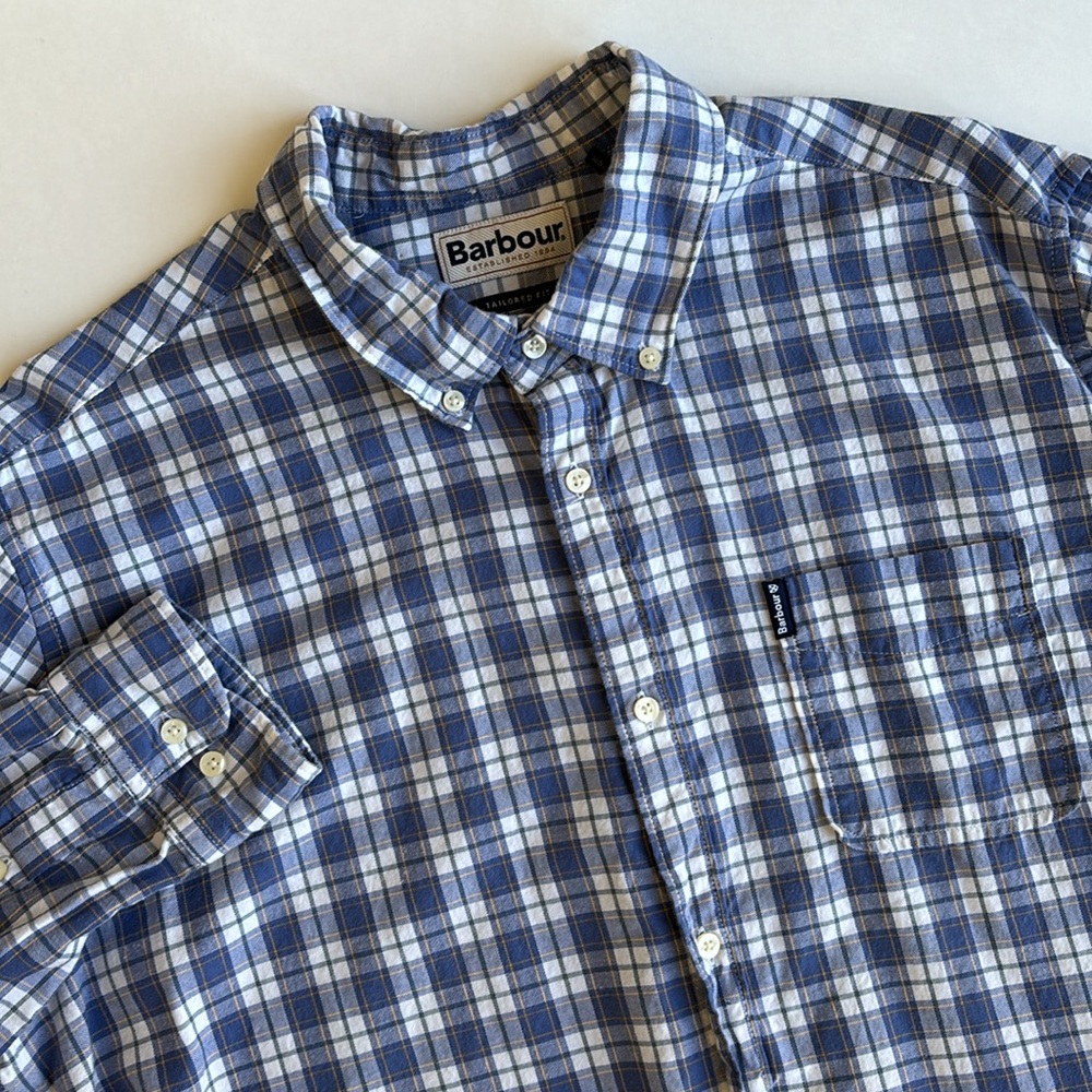 Barbour Blue Plaid Tailored Fit‎ Cotton Flannel Long Sleeve Shirt Men’s Size XL